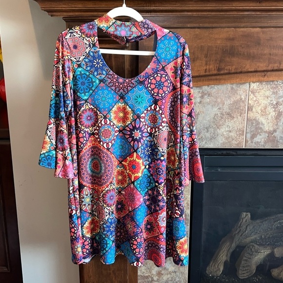 Colorful flower power groovy psychedelic hippie boho tunic mini dress Medium - Picture 1 of 12